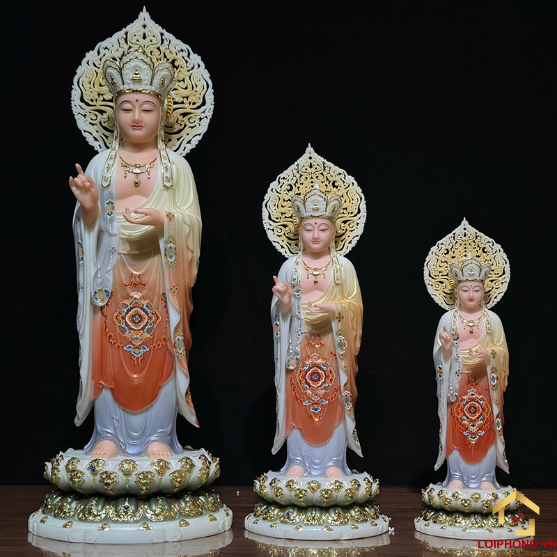 Tượng Địa Tạng Vương Bồ Tát đứng bột đá sơn có lá đề cao 40cm - 48cm - 65 cm