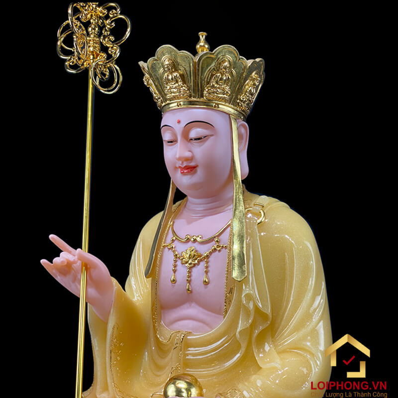 Tượng Địa Tạng Vương Bồ Tát Ngồi Đế Hoa Sen Bằng Bột Đá Thạch  Anh Viền Vàng cao từ 30 - 65 cm