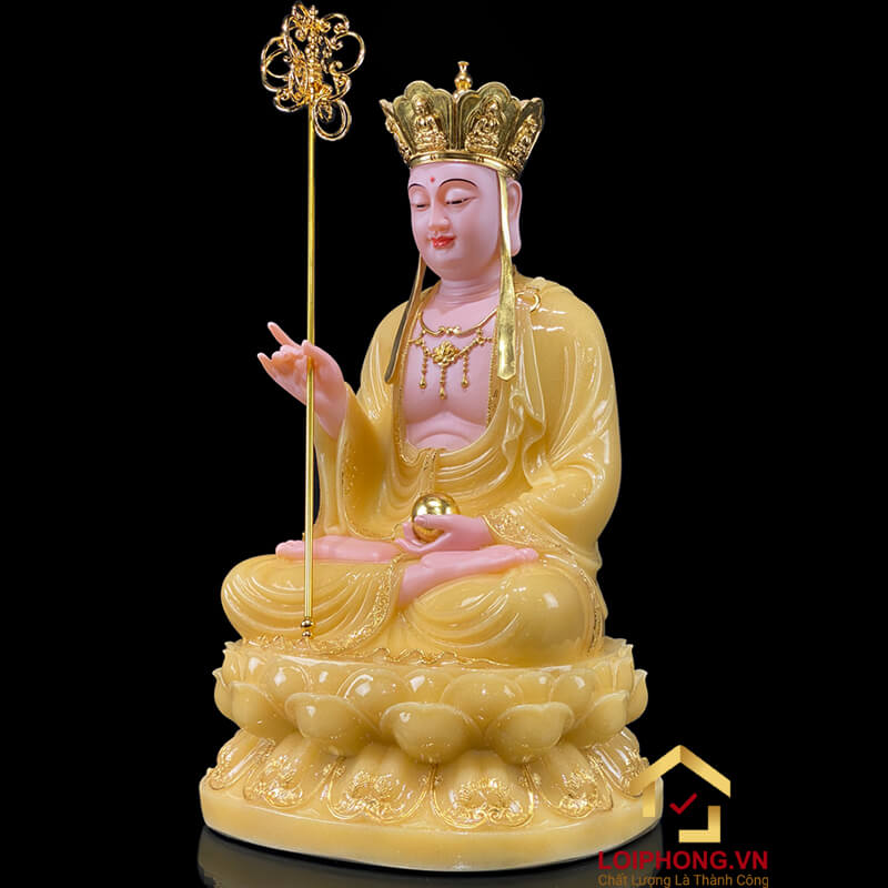 Tượng Địa Tạng Vương Bồ Tát Ngồi Đế Hoa Sen Bằng Bột Đá Thạch  Anh Viền Vàng cao từ 30 - 65 cm