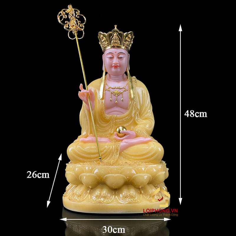 Tượng Địa Tạng Vương Bồ Tát Ngồi Đế Hoa Sen Bằng Bột Đá Thạch  Anh Viền Vàng cao từ 30 - 65 cm