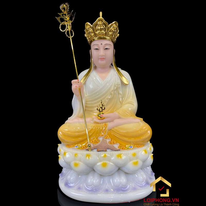 Tượng Địa Tạng Vương Bồ Tát Ngồi Đế Hoa Sen Bằng Bột Đá Trắng Viền Xám cao từ 30 - 90 cm