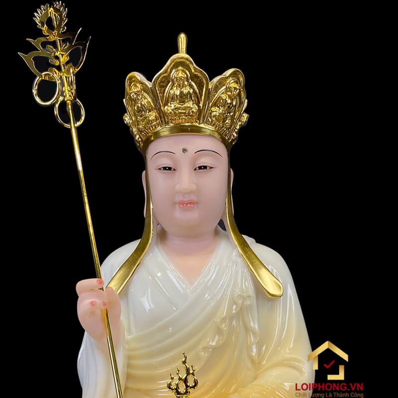 Tượng Địa Tạng Vương Bồ Tát Ngồi Đế Hoa Sen Bằng Bột Đá Trắng Viền Xám cao từ 30 - 90 cm