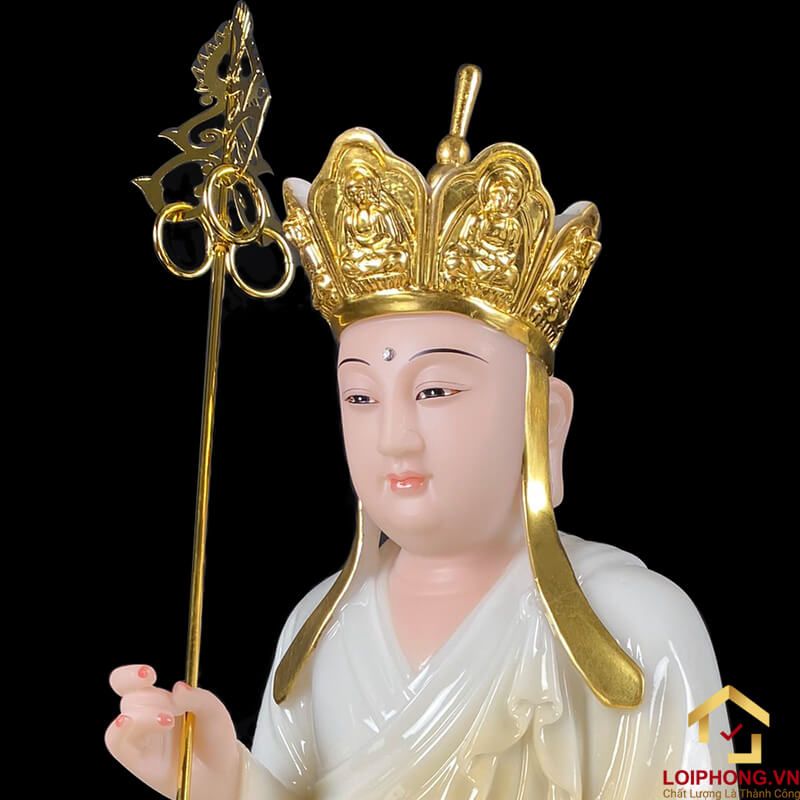 Tượng Địa Tạng Vương Bồ Tát Ngồi Đế Hoa Sen Bằng Bột Đá Trắng Viền Xám cao từ 30 - 90 cm