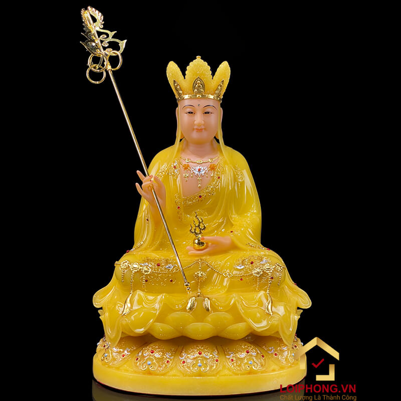 Tượng Địa Tạng Vương Bồ Tát Ngồi Đế Hoa Sen Bằng Bột Đá Thạch  Anh Viền Vàng cao từ 30 - 65 cm
