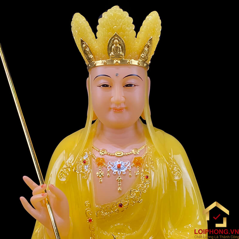 Tượng Địa Tạng Vương Bồ Tát Ngồi Đế Hoa Sen Bằng Bột Đá Thạch  Anh Viền Vàng cao từ 30 - 65 cm
