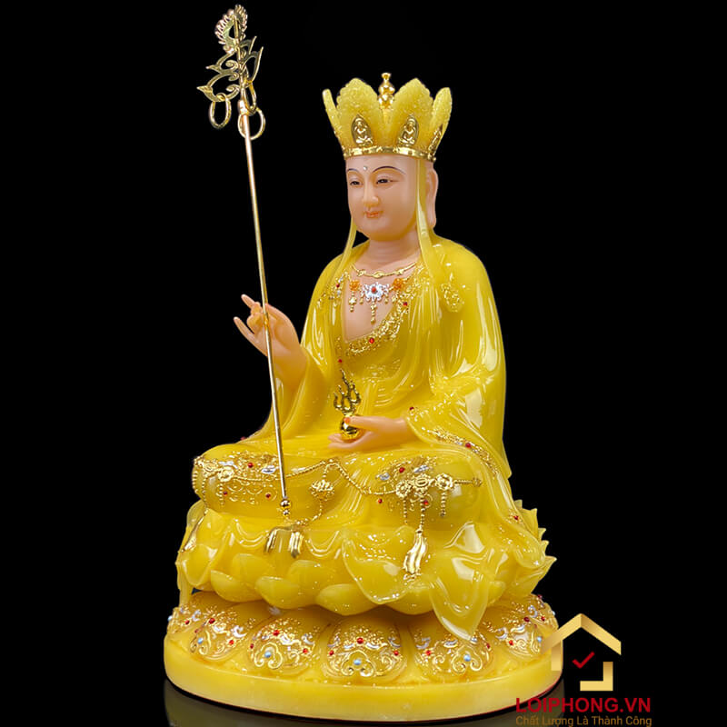 Tượng Địa Tạng Vương Bồ Tát Ngồi Đế Hoa Sen Bằng Bột Đá Thạch  Anh Viền Vàng cao từ 30 - 65 cm