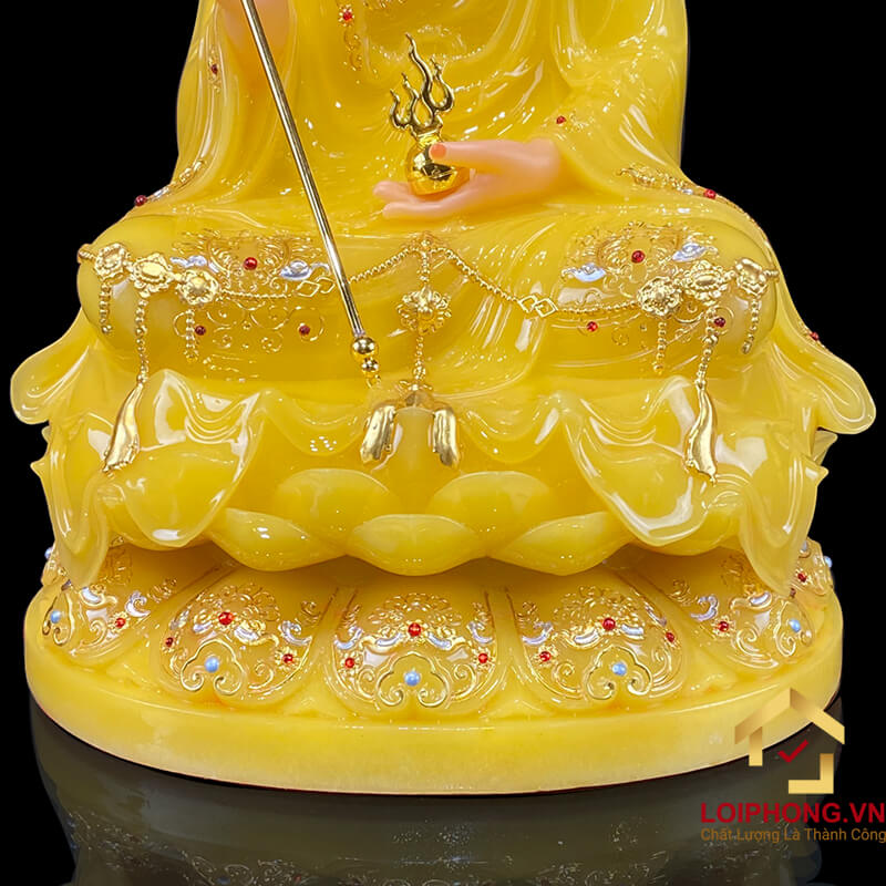 Tượng Địa Tạng Vương Bồ Tát Ngồi Đế Hoa Sen Bằng Bột Đá Thạch  Anh Viền Vàng cao từ 30 - 65 cm