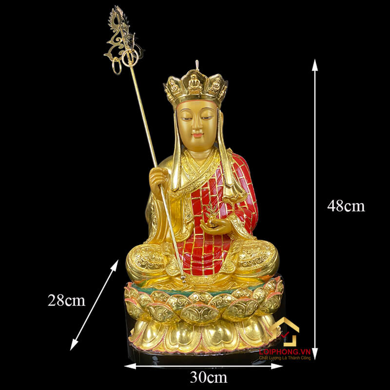 Tượng Địa Tạng Vương Bồ Tát Ngồi Đài Sen Bằng Gỗ Long Não Dát Vàng cao 48cm