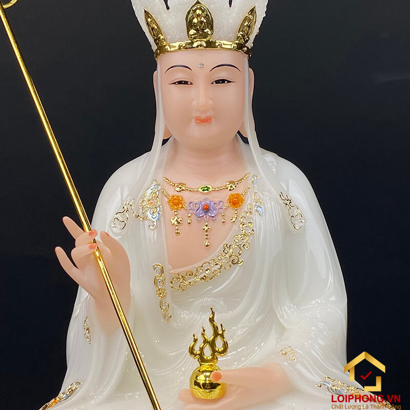 Tượng Địa Tạng Vương Bồ Tát Ngồi Đài Sen Bằng Bột Đá Trắng Viền Vàng Cao 30 – 65 cm