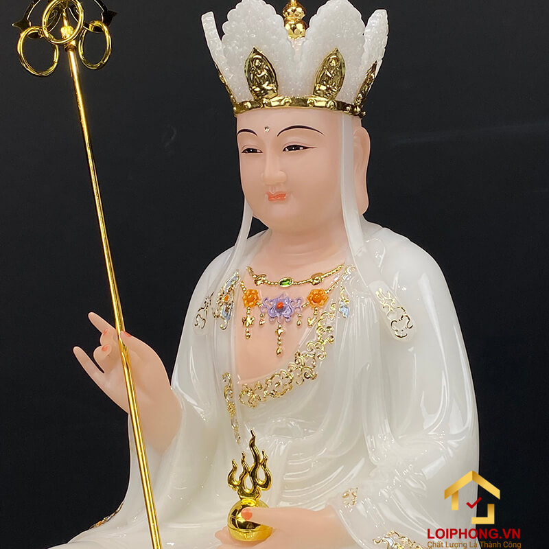 Tượng Địa Tạng Vương Bồ Tát Ngồi Đài Sen Bằng Bột Đá Trắng Viền Vàng Cao 30 – 65 cm