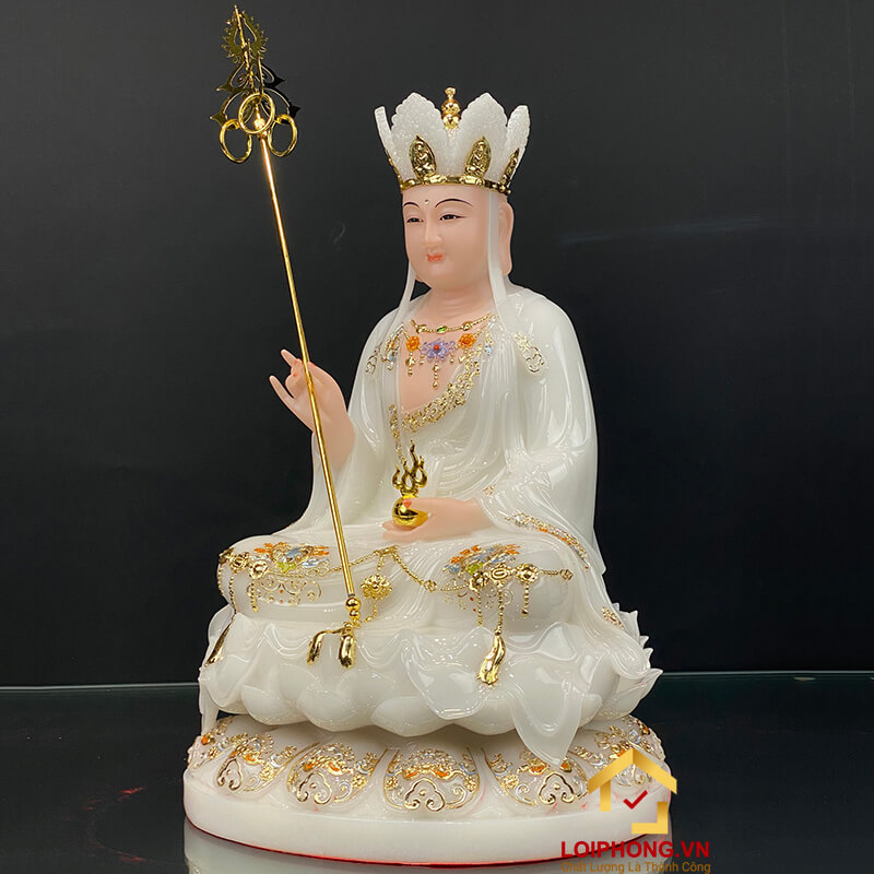 Tượng Địa Tạng Vương Bồ Tát Ngồi Đài Sen Bằng Bột Đá Trắng Viền Vàng Cao 30 – 65 cm