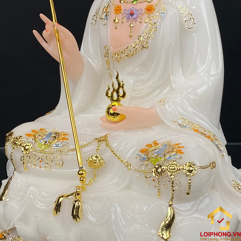 Tượng Địa Tạng Vương Bồ Tát Ngồi Đài Sen Bằng Bột Đá Trắng Viền Vàng Cao 30 – 65 cm