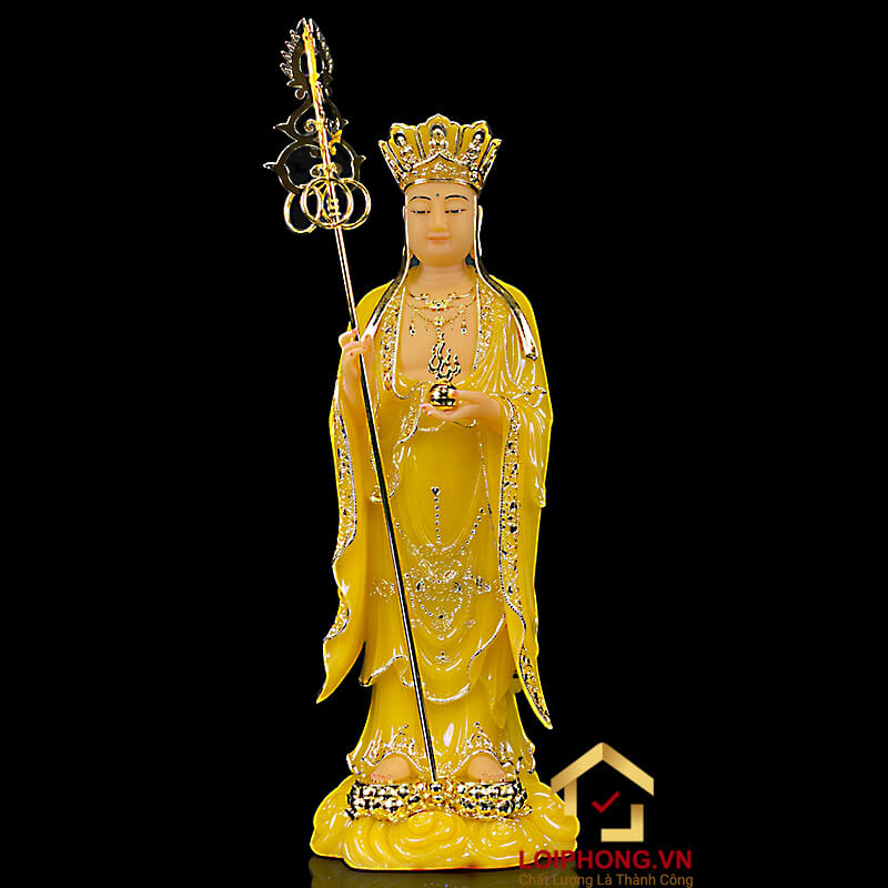 Tượng Địa Tạng Vương Bồ Tát đứng bằng bột đá thạch anh viền vàng cao 40 - 65 cm