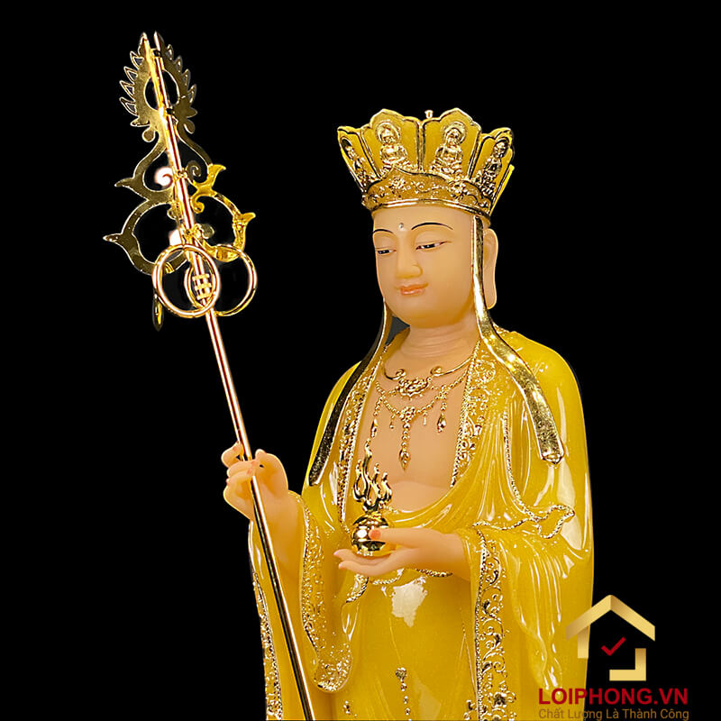 Tượng Địa Tạng Vương Bồ Tát đứng bằng bột đá thạch anh viền vàng cao 40 - 65 cm