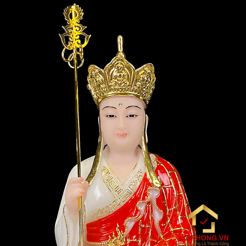 Tượng Địa Tạng Vương Bồ Tát bằng bột đá tọa đài sen áo đỏ cao 30 - 40 - 48 cm