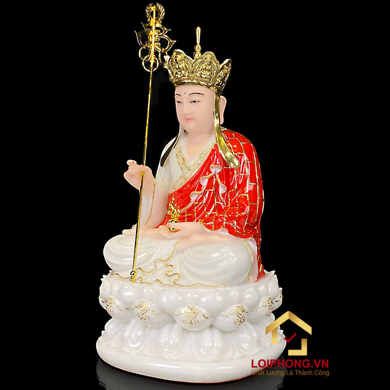 Tượng Địa Tạng Vương Bồ Tát bằng bột đá tọa đài sen áo đỏ cao 30 - 40 - 48 cm