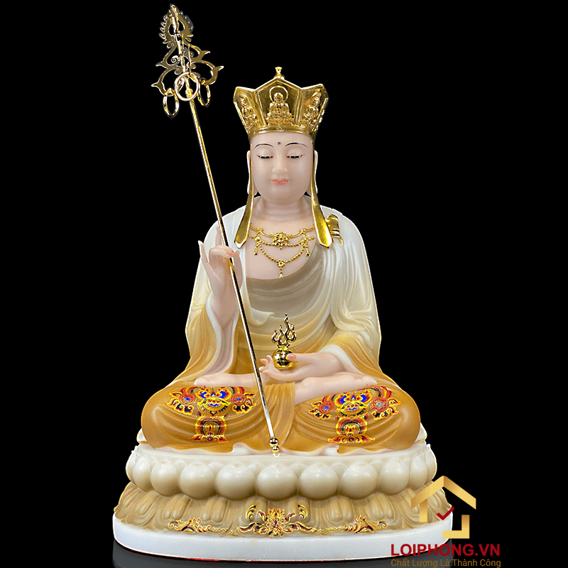 Tượng Địa Tạng Vương Bồ Tát bằng bột đá tọa đài sen đế to vẽ hoa cao 30 , 40 , 48 cm