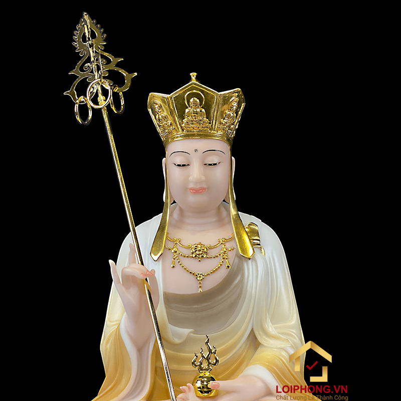 Tượng Địa Tạng Vương Bồ Tát bằng bột đá tọa đài sen đế to vẽ hoa cao 30 , 40 , 48 cm