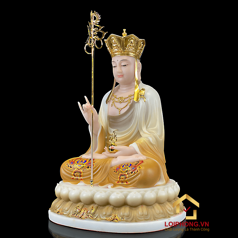 Tượng Địa Tạng Vương Bồ Tát bằng bột đá tọa đài sen đế to vẽ hoa cao 30 , 40 , 48 cm