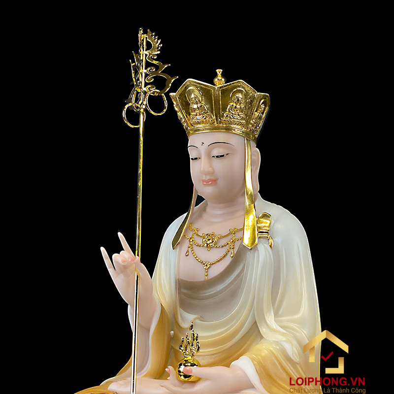Tượng Địa Tạng Vương Bồ Tát bằng bột đá tọa đài sen đế to vẽ hoa cao 30 , 40 , 48 cm