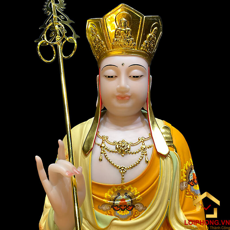 Tượng Địa Tạng Vương Bồ Tát bằng bột đá tọa đài sen vẽ gấm viền vàng cao 40, 48, 65 cm