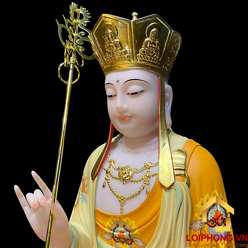 Tượng Địa Tạng Vương Bồ Tát bằng bột đá tọa đài sen vẽ gấm viền vàng cao 40, 48, 65 cm