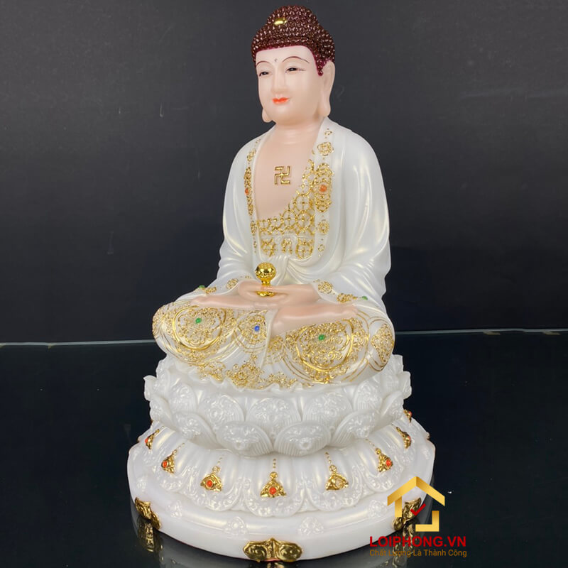 Tượng phật A Di Đà bằng đá trắng viền vàng cao 30 - 40 - 48  cm