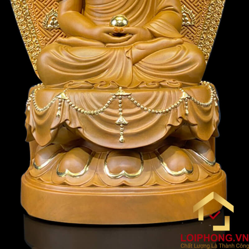 Tượng Phật A Di Đà ngồi đài sen có lá đề bằng gỗ long não cao 48 cm (Tổng lá đề 65cm)
