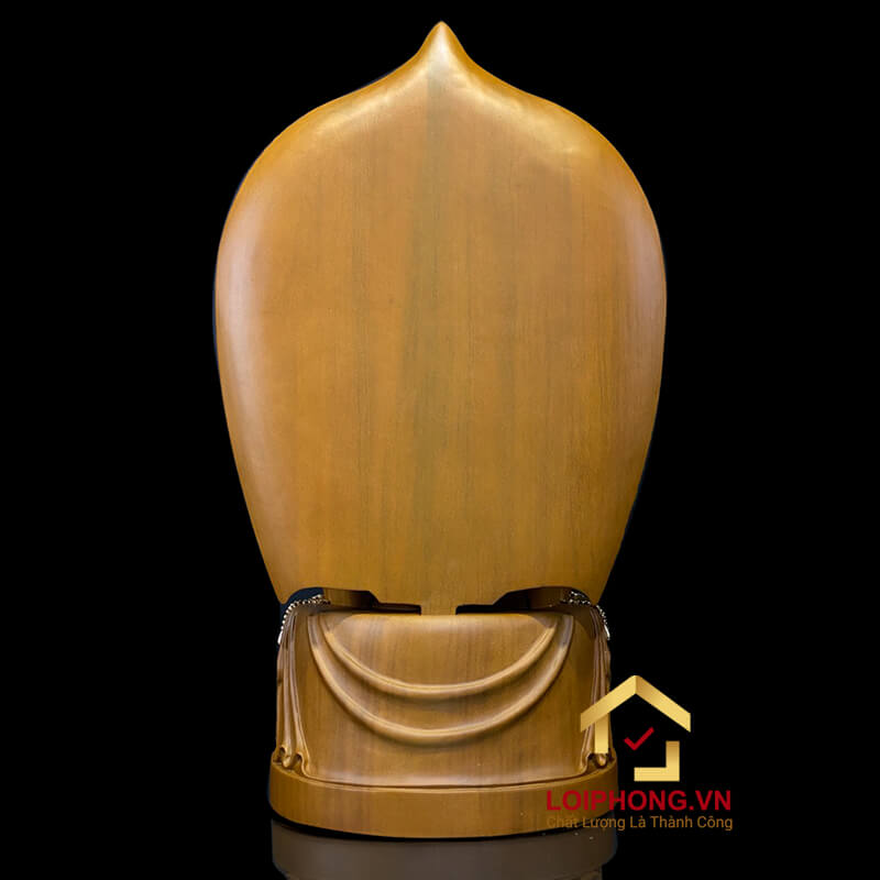 Tượng Phật A Di Đà ngồi đài sen có lá đề bằng gỗ long não cao 48 cm (Tổng lá đề 65cm)