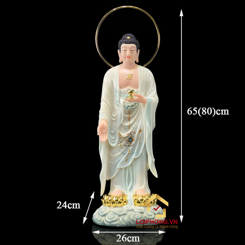 Tượng Phật A Di Đà đứng đế mây bằng bột đá sơn cao cấp viền hoa có hào quang cao 48-65-90cm