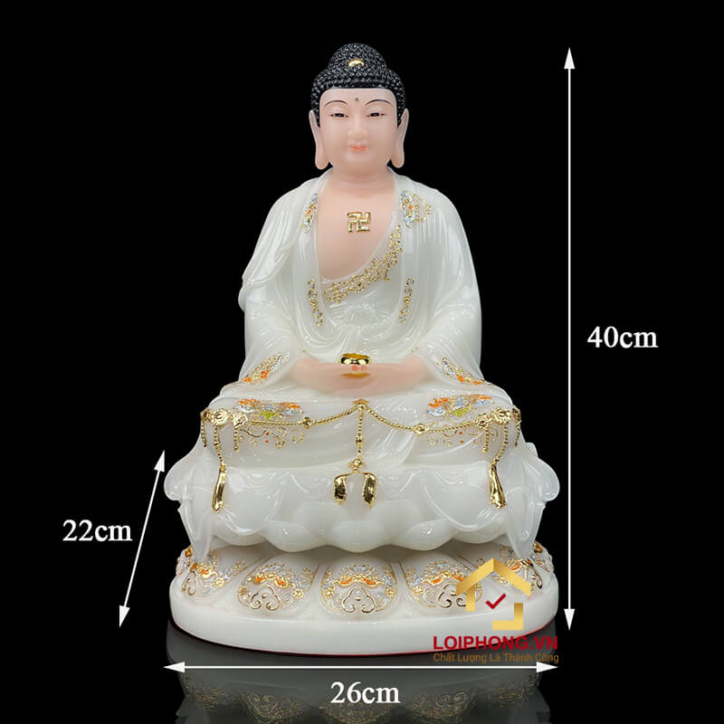 Tượng Phật A Di Đà Ngồi Đế Hoa Sen Bằng Bột Đá Trắng Viền Vàng cao 30 - 65cm