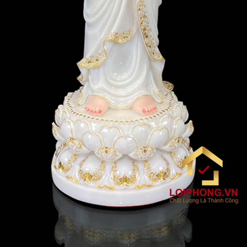 Tượng Phật A Di Đà đứng đài sen bằng bột đá trắng viền vàng cao từ 40cm-150cm