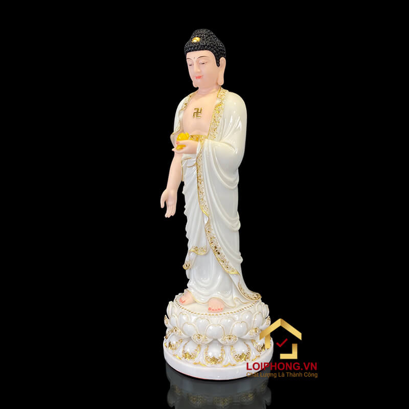 Tượng Phật A Di Đà đứng đài sen bằng bột đá trắng viền vàng cao từ 40cm-150cm