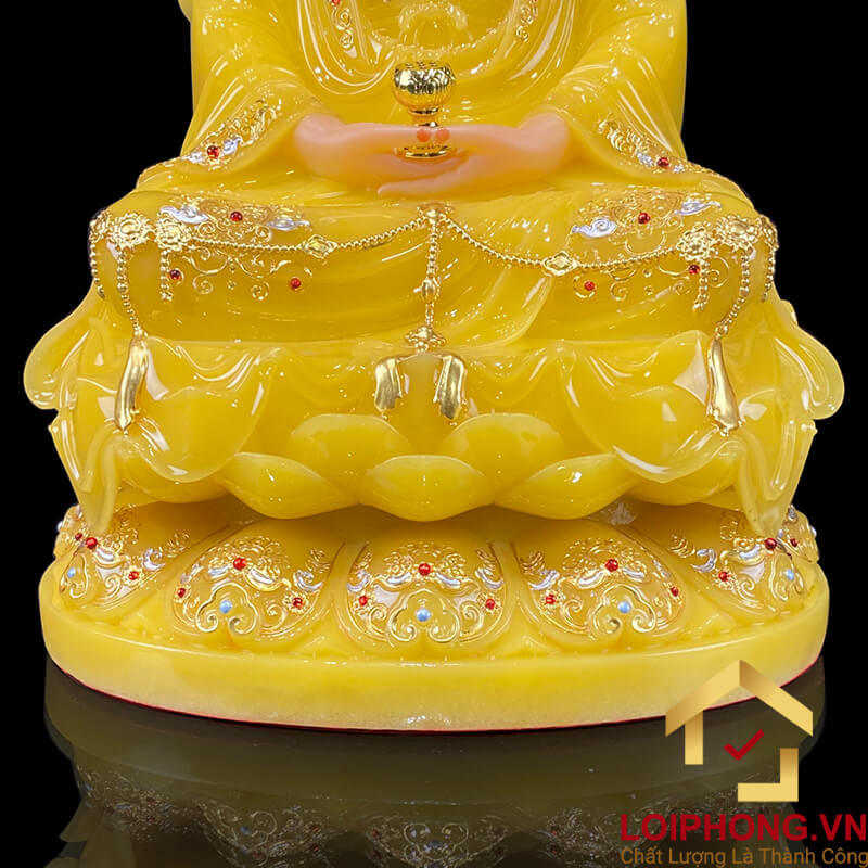 Tượng Phật A Di Đà Ngồi Đế Hoa Sen Bằng Bột Đá Thạch Anh Viền Vàng cao 30 - 65cm