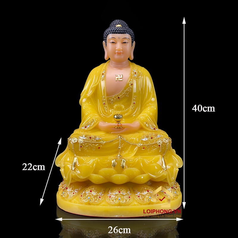 Tượng Phật A Di Đà Ngồi Đế Hoa Sen Bằng Bột Đá Thạch Anh Viền Vàng cao 30 - 65cm