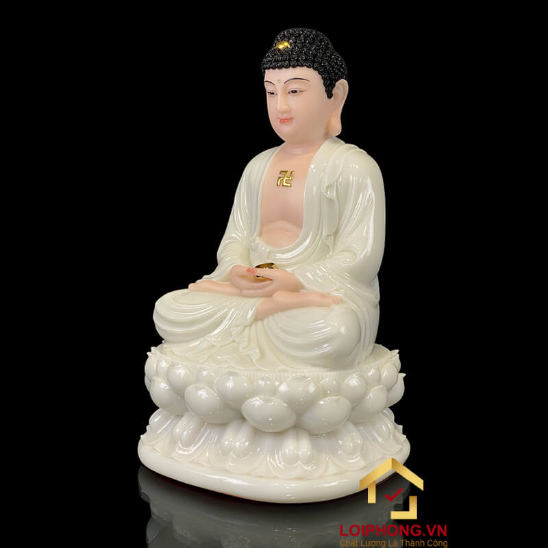 Tượng Phật A Di Đà Ngồi Đế Hoa Sen Bằng Bột Đá Trắng cao 30 - 48cm