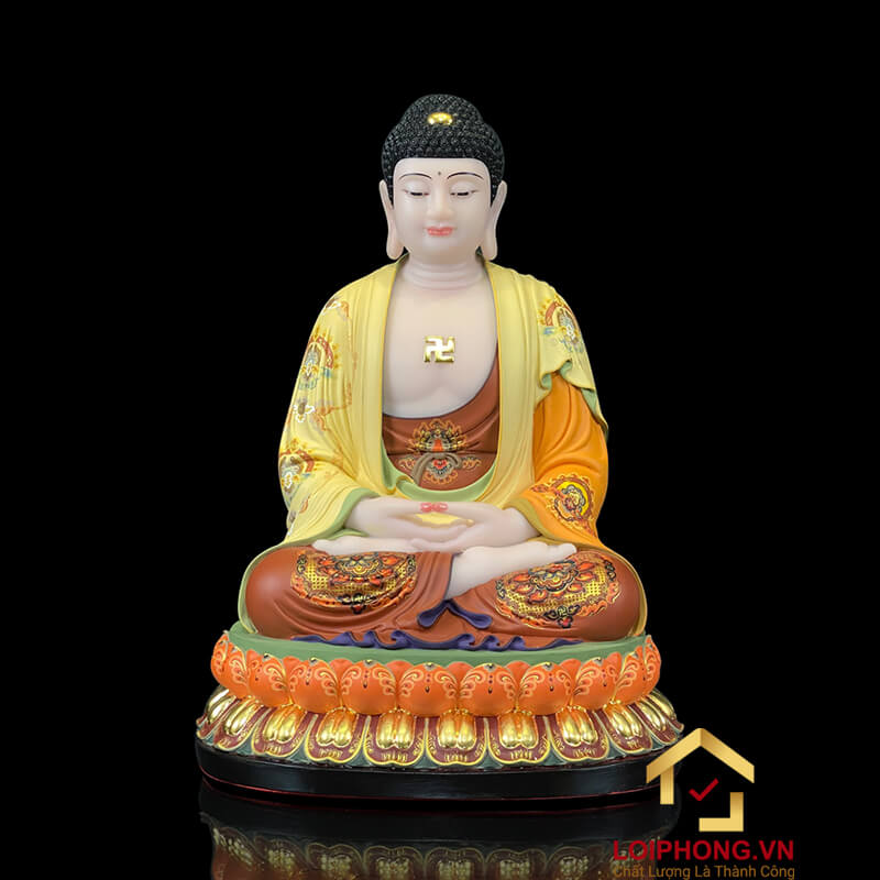 Tượng Phật A Di Đà Ngồi Đài Sen Bằng Bột Đá Vẽ Gấm Cao 40 - 65 cm