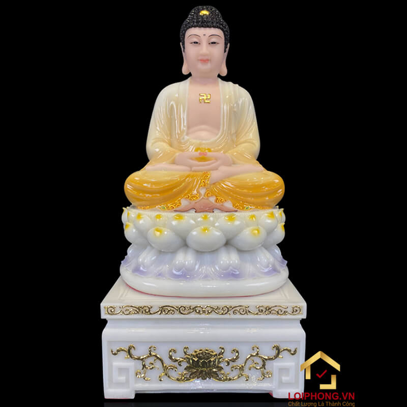 Tượng Phật A Di Đà Ngồi Đế Hoa Sen Bằng Bột Đá Trắng Viền Xám cao 30 - 90cm