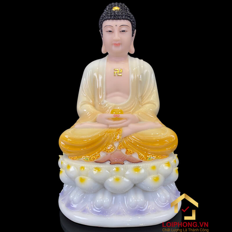 Tượng Phật A Di Đà Ngồi Đế Hoa Sen Bằng Bột Đá Trắng Viền Xám cao 30 - 90cm