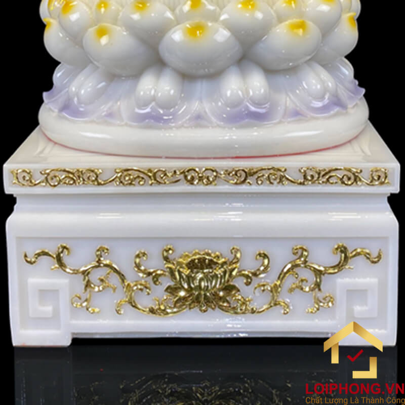 Tượng Phật A Di Đà Ngồi Đế Hoa Sen Bằng Bột Đá Trắng Viền Xám cao 30 - 90cm