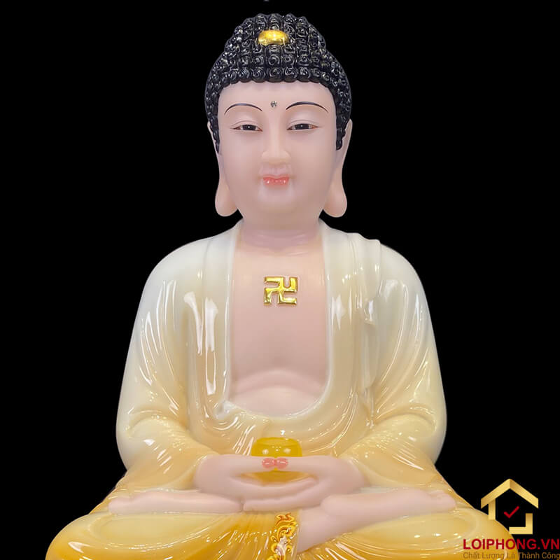 Tượng Phật A Di Đà Ngồi Đế Hoa Sen Bằng Bột Đá Trắng Viền Xám cao 30 - 90cm