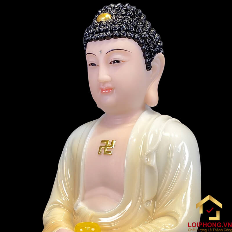 Tượng Phật A Di Đà Ngồi Đế Hoa Sen Bằng Bột Đá Trắng Viền Xám cao 30 - 90cm