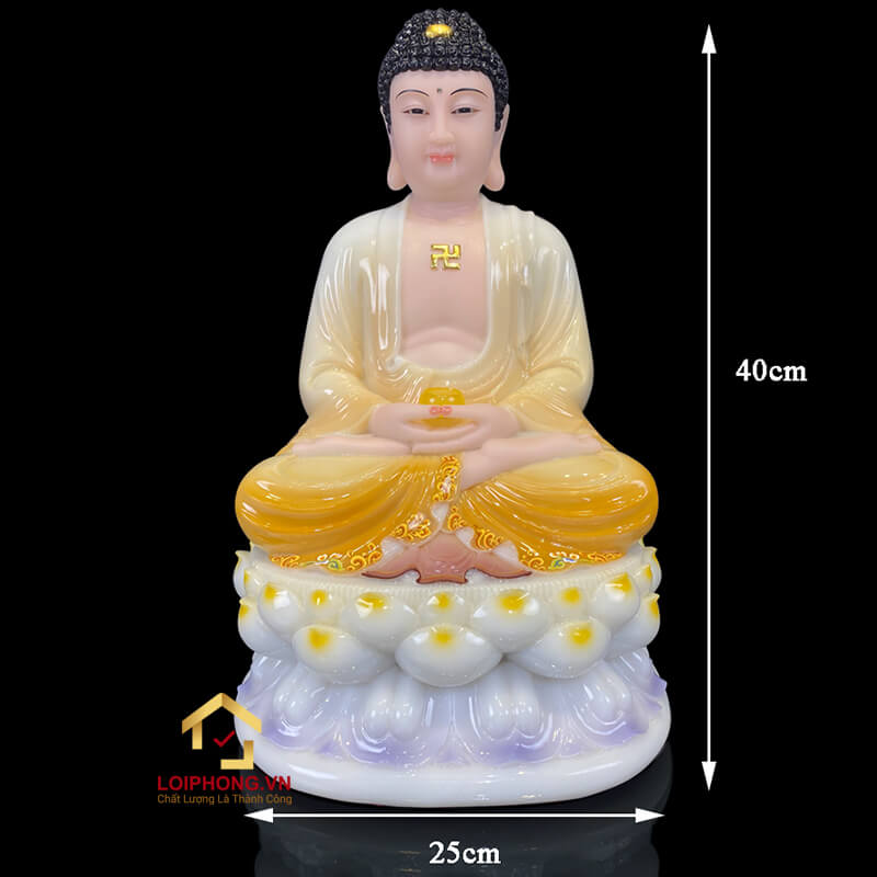 Tượng Phật A Di Đà Ngồi Đế Hoa Sen Bằng Bột Đá Trắng Viền Xám cao 30 - 90cm