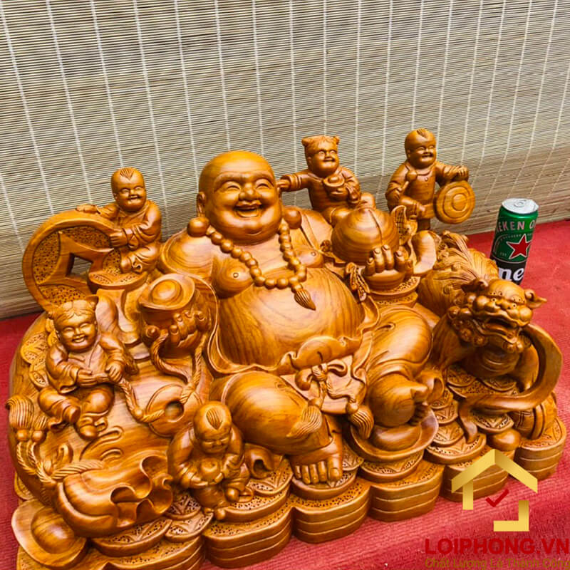 Tượng Phật Di Lặc ngũ phúc ngồi cầm đào kích thước 60x34x33 cm