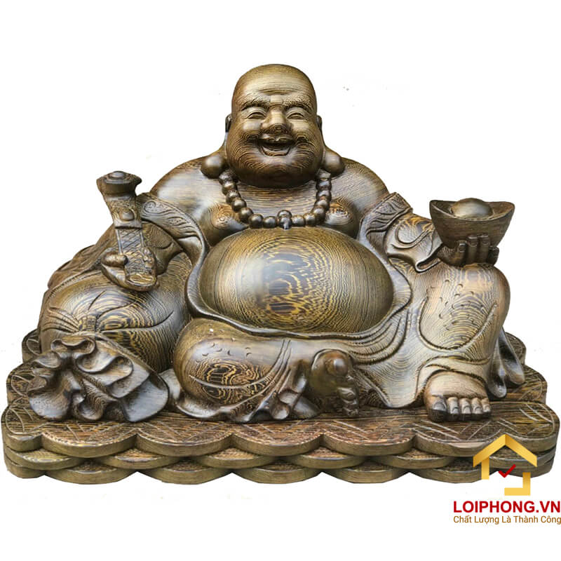 Tượng Phật Di Lặc ngồi đế tiền gỗ mun đuôi công kích thước 50x30x25
