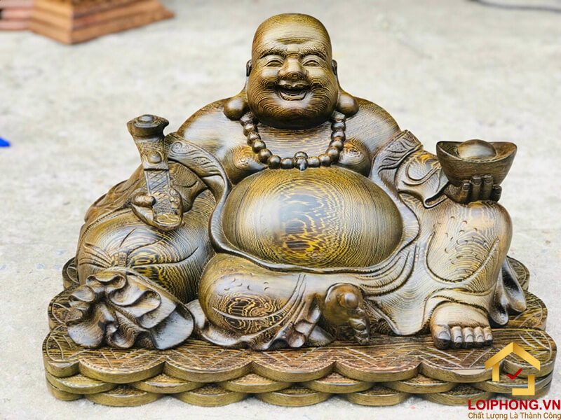 Tượng Phật Di Lặc ngồi đế tiền gỗ mun đuôi công kích thước 50x30x25