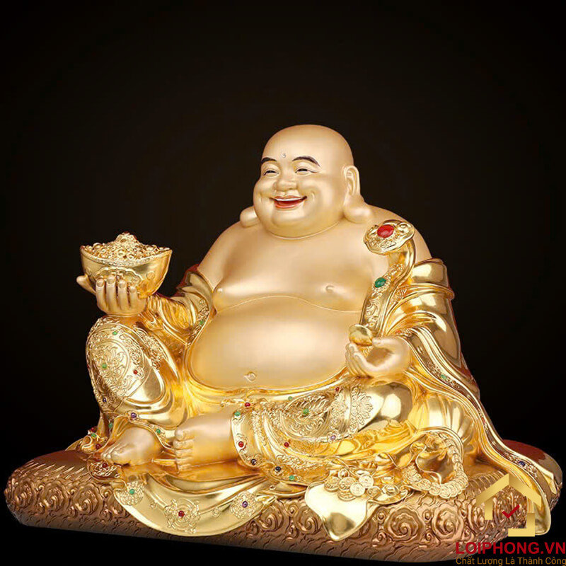 Tượng Phật Di Lặc Ngồi, Bằng Đồng Dát Vàng kích thước 48cm x 34cm x 40cm