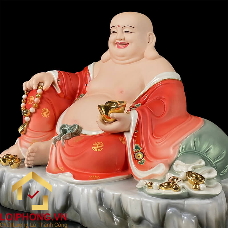 Tượng Phật Di Lặc Ngồi Túi Tiền Vàng Bằng Sứ Sơn Đỏ Cao Cấp cao 40cm, 48cm