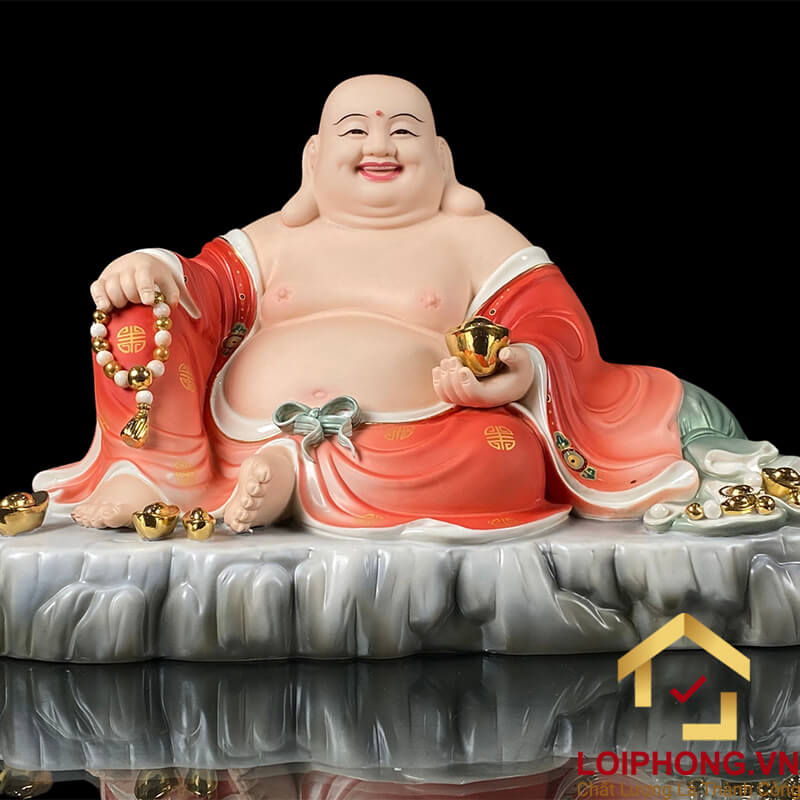 Tượng Phật Di Lặc Ngồi Túi Tiền Vàng Bằng Sứ Sơn Đỏ Cao Cấp cao 40cm, 48cm