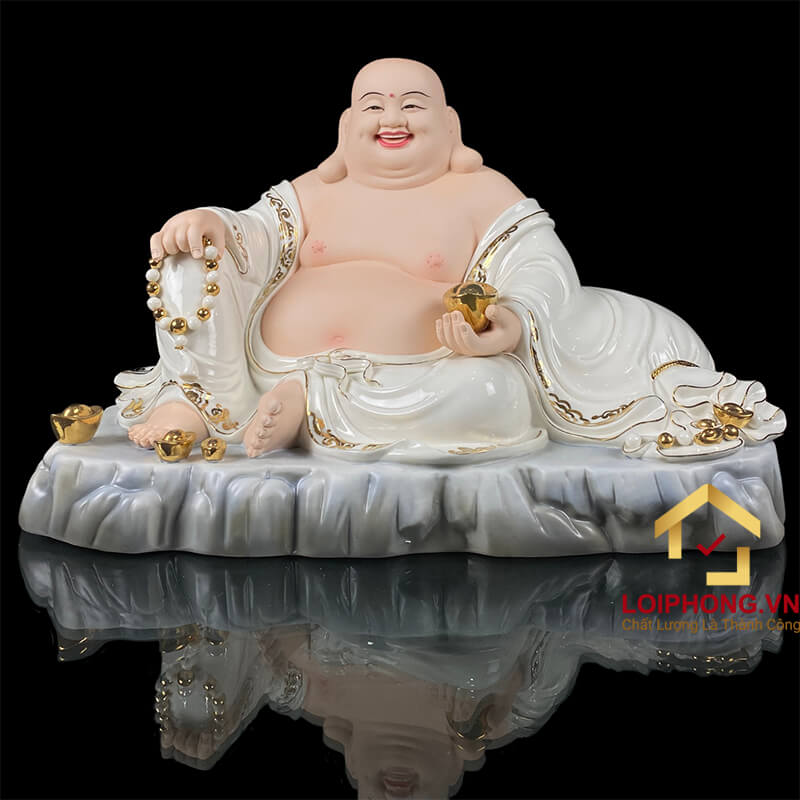 Tượng Phật Di Lặc Ngồi Túi Tiền Bằng Sứ Trắng Viền Vàng cao 40cm, 48cm